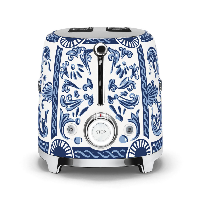 Prăjitor de pâine SMEG Dolce & Gabbana Blu Mediterraneo TSF01DGBEU, 950 W, 2 felii, 6 niveluri, Tava pentru firimituri, Cablu integrat, Oțel inoxidabil, Albastru