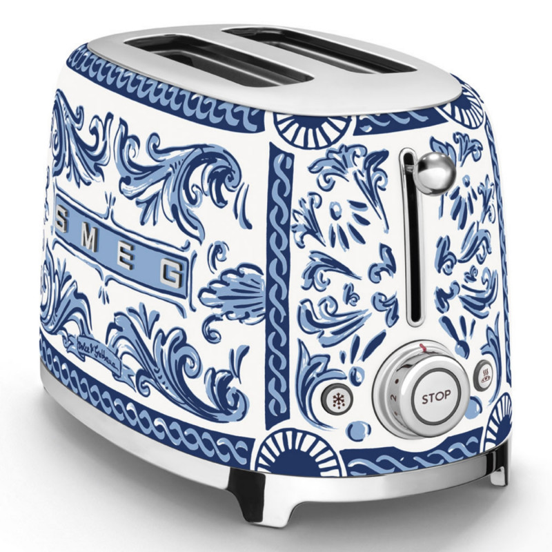 Prăjitor de pâine SMEG Dolce & Gabbana Blu Mediterraneo TSF01DGBEU, 950 W, 2 felii, 6 niveluri, Tava pentru firimituri, Cablu integrat, Oțel inoxidabil, Albastru
