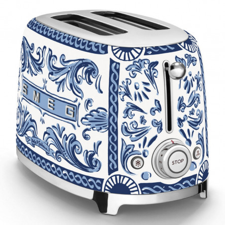 Prăjitor de pâine SMEG Dolce & Gabbana Blu Mediterraneo TSF01DGBEU, 950 W, 2 felii, 6 niveluri, Tava pentru firimituri, Cablu integrat, Oțel inoxidabil, Albastru