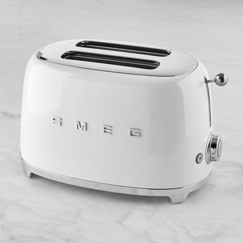 Prăjitor de pâine SMEG 50's Style TSF01WHEU, 950 W, 2 felii, 6 niveluri, Tava pentru firimituri, Cablu integrat, Oțel inoxidabil, Alb