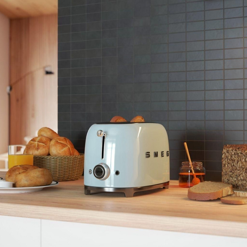 Prăjitor de pâine SMEG 50's Style TSF01PBEU, 950 W, 2 felii, 6 niveluri, Tava pentru firimituri, Cablu integrat, Oțel inoxidabil, Albastru
