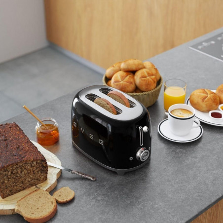 Prăjitor de pâine SMEG 50's Style TSF01BLEU, 950 W, 2 felii, 6 niveluri, Tava pentru firimituri, Cablu integrat, Oțel inoxidabil, Negru