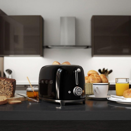Prăjitor de pâine SMEG 50's Style TSF01BLEU, 950 W, 2 felii, 6 niveluri, Tava pentru firimituri, Cablu integrat, Oțel inoxidabil, Negru