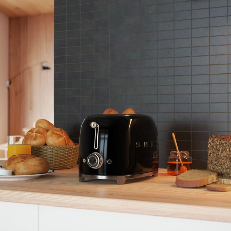 Prăjitor de pâine SMEG 50's Style TSF01BLEU, 950 W, 2 felii, 6 niveluri, Tava pentru firimituri, Cablu integrat, Oțel inoxidabil, Negru