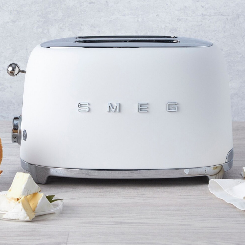 Prăjitor de pâine SMEG 50's Style TSF01WHMEU, 950 W, 2 felii, 6 niveluri, Tava pentru firimituri, Cablu integrat, Oțel inoxidabil, Alb mat