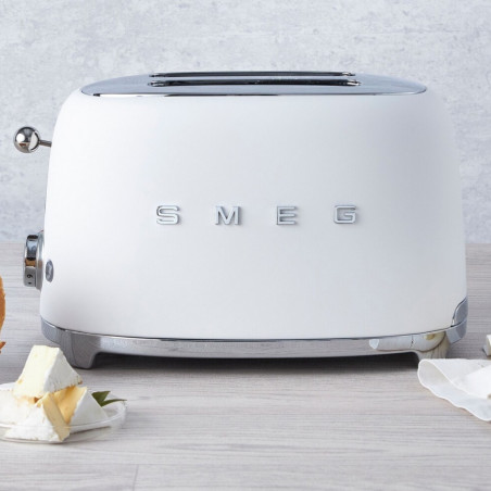 Prăjitor de pâine SMEG 50's Style TSF01WHMEU, 950 W, 2 felii, 6 niveluri, Tava pentru firimituri, Cablu integrat, Oțel inoxidabil, Alb mat