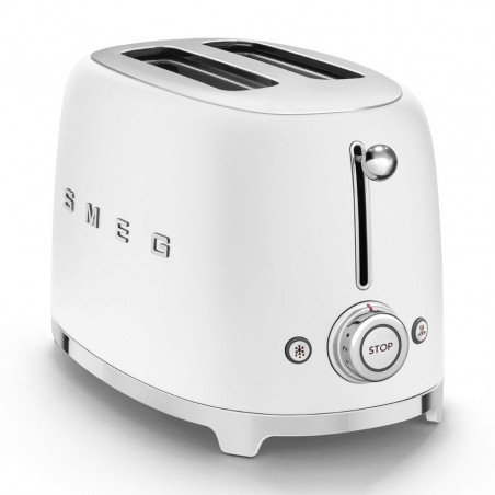 Prăjitor de pâine SMEG 50's Style TSF01WHMEU, 950 W, 2 felii, 6 niveluri, Tava pentru firimituri, Cablu integrat, Oțel inoxidabil, Alb mat