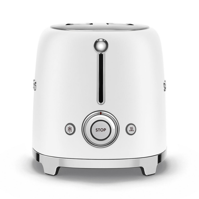 Prăjitor de pâine SMEG 50's Style TSF01WHMEU, 950 W, 2 felii, 6 niveluri, Tava pentru firimituri, Cablu integrat, Oțel inoxidabil, Alb mat