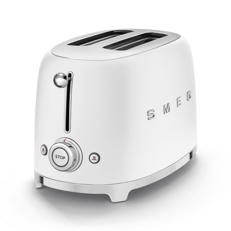 Prăjitor de pâine SMEG 50's Style TSF01WHMEU, 950 W, 2 felii, 6 niveluri, Tava pentru firimituri, Cablu integrat, Oțel inoxidabil, Alb mat