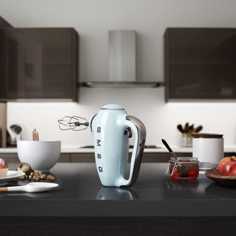Mixer manual SMEG 50's Style HMF01PBEU, 250 W, 9 viteze, funcție Turbo, afișaj LED ascuns, cronometru, accesorii, albastru