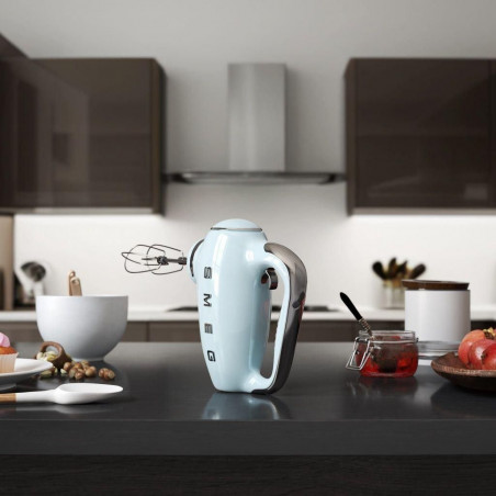 Mixer manual SMEG 50's Style HMF01PBEU, 250 W, 9 viteze, funcție Turbo, afișaj LED ascuns, cronometru, accesorii, albastru