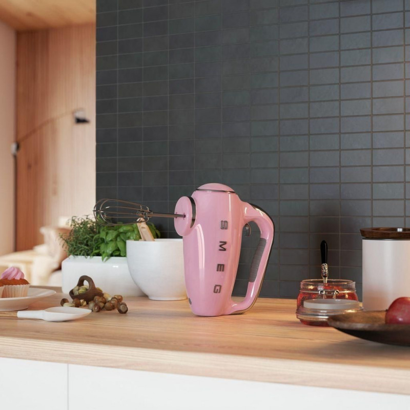 Mixer manual SMEG 50's Style HMF01PKEU, 250 W, 9 viteze, funcție Turbo, afișaj LED ascuns, cronometru, accesorii, roz
