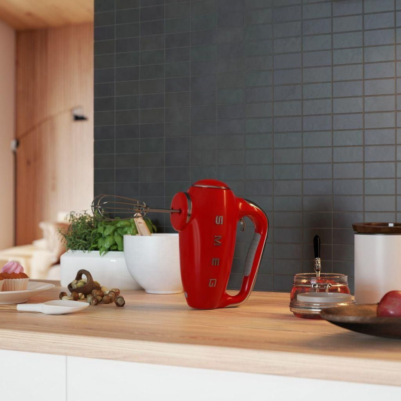Mixer manual SMEG 50's Style HMF01RDEU, 250 W, 9 viteze, funcție Turbo, afișaj LED ascuns, cronometru, accesorii, roșu