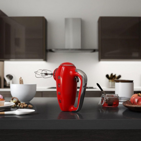 Mixer manual SMEG 50's Style HMF01RDEU, 250 W, 9 viteze, funcție Turbo, afișaj LED ascuns, cronometru, accesorii, roșu