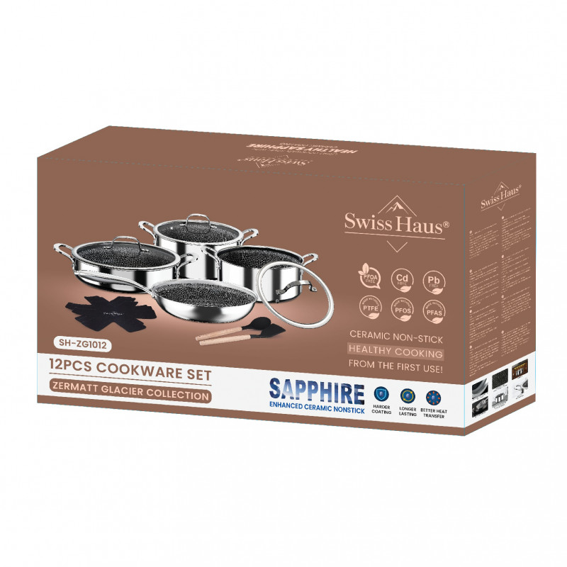 Set de oale Swiss Haus SH-ZG1012, 12 piese, Acoperire ceramica Sapphire, Cuptor pana la 260°C, Inductie, Argintiu