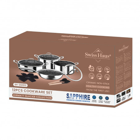 Set de oale Swiss Haus SH-ZG1012, 12 piese, Acoperire ceramica Sapphire, Cuptor pana la 260°C, Inductie, Argintiu