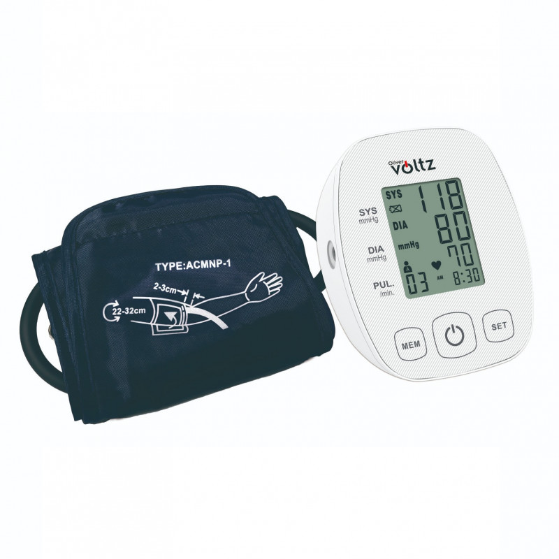 Aparat de măsurare a tensiunii arteriale Oliver Voltz OV56510B, pentru biceps, afișaj LCD, 2×90 de poziții de memorie, alb