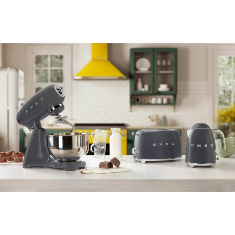 Mixer planetar SMEG SMF03GREU, 800 W, 4,8 l, 10 viteze, Functie de pornire treptata, Bol cu maner, Gri