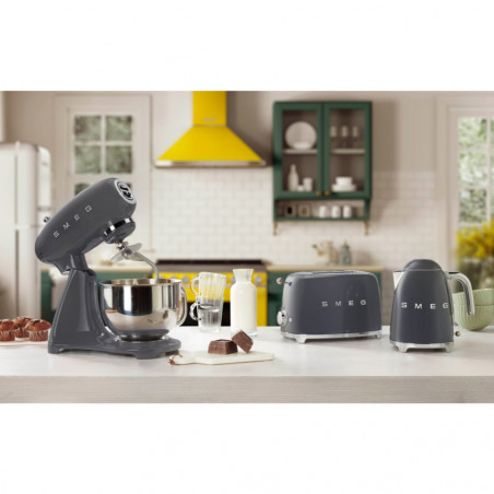 Mixer planetar SMEG SMF03GREU, 800 W, 4,8 l, 10 viteze, Functie de pornire treptata, Bol cu maner, Gri