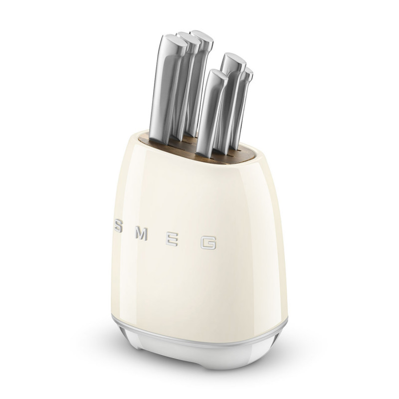 Set de cuțite cu suport SMEG KBSF02CR, 7 piese, mânere din lemn de salcâm, oțel inoxidabil german, culoare crem