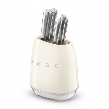 Set de cuțite cu suport SMEG KBSF02CR, 7 piese, mânere din lemn de salcâm, oțel inoxidabil german, culoare crem