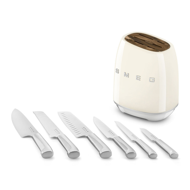 Set de cuțite cu suport SMEG KBSF02CR, 7 piese, mânere din lemn de salcâm, oțel inoxidabil german, culoare crem
