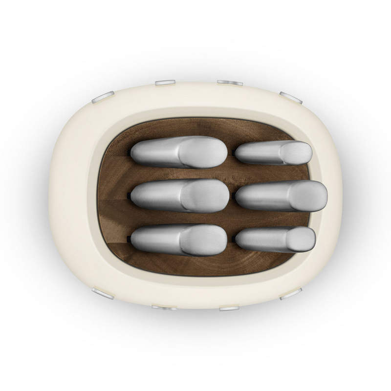 Set de cuțite cu suport SMEG KBSF02CR, 7 piese, mânere din lemn de salcâm, oțel inoxidabil german, culoare crem