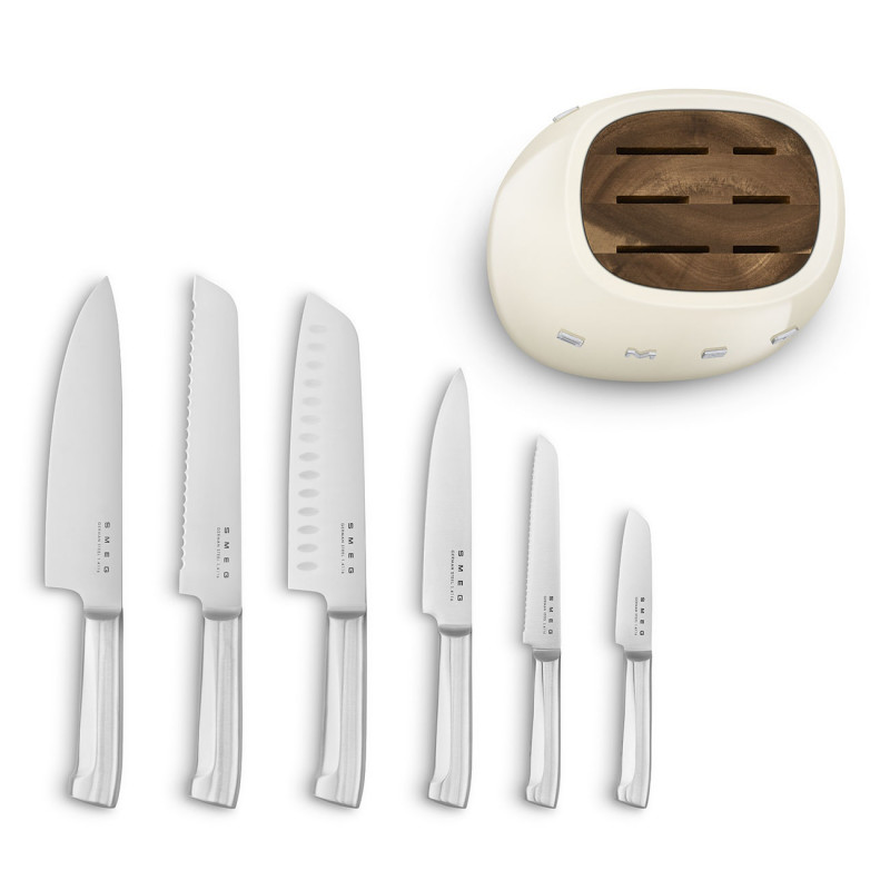 Set de cuțite cu suport SMEG KBSF02CR, 7 piese, mânere din lemn de salcâm, oțel inoxidabil german, culoare crem