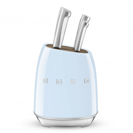 Set de cuțite cu suport SMEG KBSF02PB, 7 piese, mânere din lemn de salcâm, oțel inoxidabil german, albastru pastel