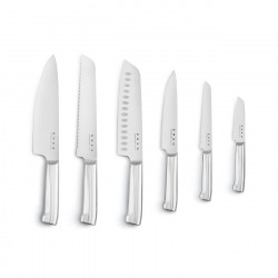 Set de cuțite cu suport SMEG KBSF02PB, 7 piese, mânere din lemn de salcâm, oțel inoxidabil german, albastru pastel