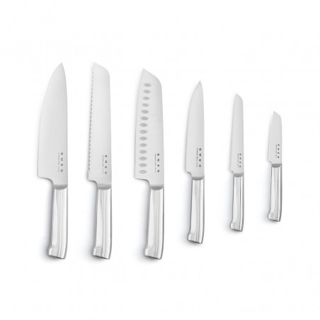 Set de cuțite cu suport SMEG KBSF02PB, 7 piese, mânere din lemn de salcâm, oțel inoxidabil german, albastru pastel