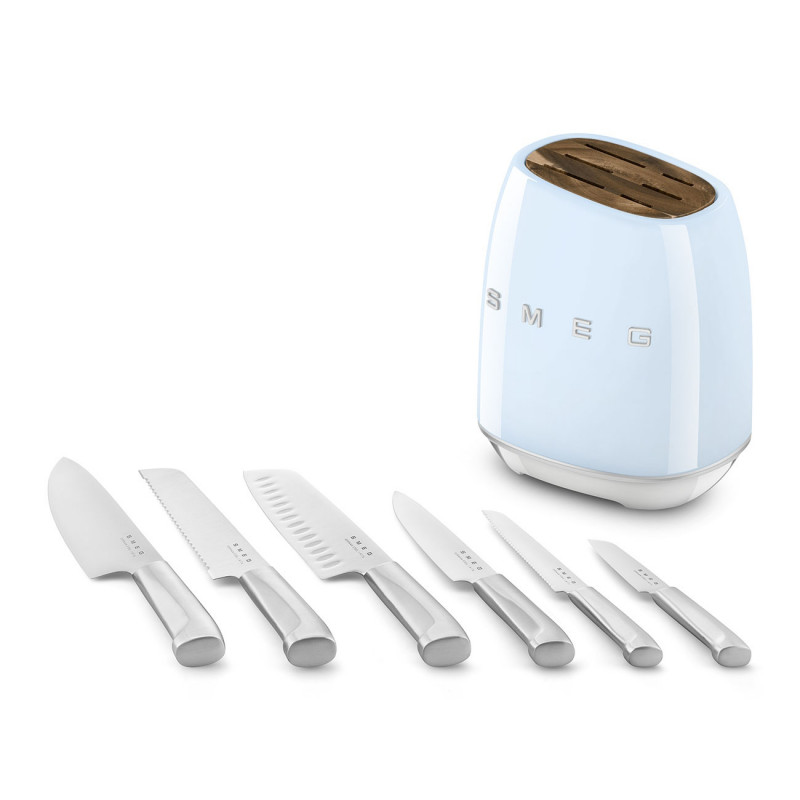 Set de cuțite cu suport SMEG KBSF02PB, 7 piese, mânere din lemn de salcâm, oțel inoxidabil german, albastru pastel