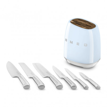 Set de cuțite cu suport SMEG KBSF02PB, 7 piese, mânere din lemn de salcâm, oțel inoxidabil german, albastru pastel