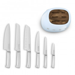Set de cuțite cu suport SMEG KBSF02PB, 7 piese, mânere din lemn de salcâm, oțel inoxidabil german, albastru pastel