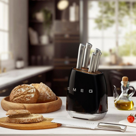 Set de cuțite cu suport SMEG KBSF02BL, 7 piese, mânere din lemn de salcâm, oțel inoxidabil german, negru