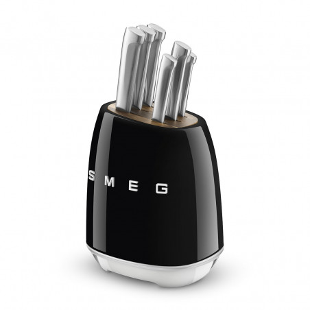 Set de cuțite cu suport SMEG KBSF02BL, 7 piese, mânere din lemn de salcâm, oțel inoxidabil german, negru