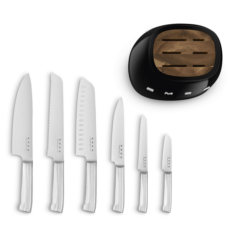 Set de cuțite cu suport SMEG KBSF02BL, 7 piese, mânere din lemn de salcâm, oțel inoxidabil german, negru