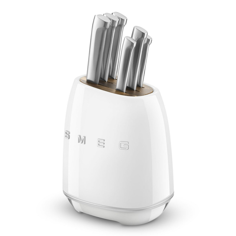 Set de cuțite cu suport SMEG KBSF02WH, 7 piese, mânere din lemn de salcâm, oțel inoxidabil german, alb
