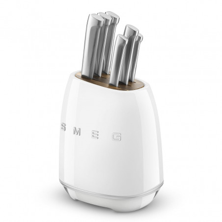 Set de cuțite cu suport SMEG KBSF02WH, 7 piese, mânere din lemn de salcâm, oțel inoxidabil german, alb