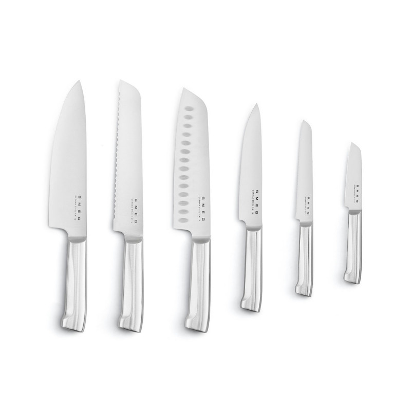 Set de cuțite cu suport SMEG KBSF02WH, 7 piese, mânere din lemn de salcâm, oțel inoxidabil german, alb
