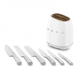 Set de cuțite cu suport SMEG KBSF02WH, 7 piese, mânere din lemn de salcâm, oțel inoxidabil german, alb