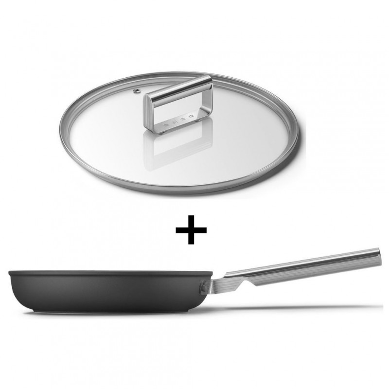 Tigaie cu capac SMEG CKFF2401BLM, 1,9 l, Ø24 cm, acoperire cu teflon, până la 250 °C, fără PFAS, pentru plite cu inducție, negru