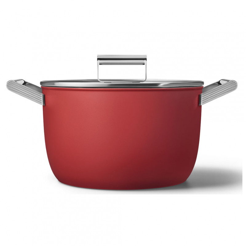 Oală SMEG CKFC2611RDM, 7,7 l, Ø26 cm, acoperire cu teflon, până la 250 °C, pentru plite cu inducție, roșie