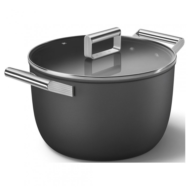 Oală SMEG CKFC2611BLM, 7,7 l, Ø26 cm, acoperire cu teflon, până la 250 °C, pentru plite cu inducție, negru