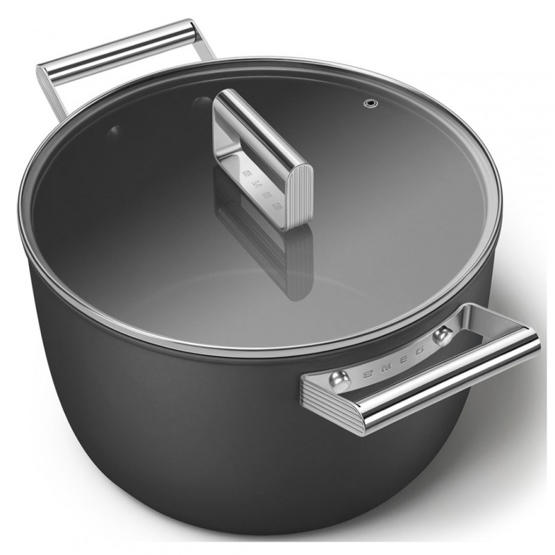 Oală SMEG CKFC2611BLM, 7,7 l, Ø26 cm, acoperire cu teflon, până la 250 °C, pentru plite cu inducție, negru