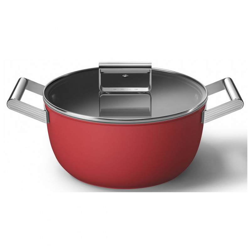 Oală SMEG CKFC2411RDM, 4,8 l, Ø24 cm, acoperire cu teflon, până la 250 °C, pentru plite cu inducție, roșie