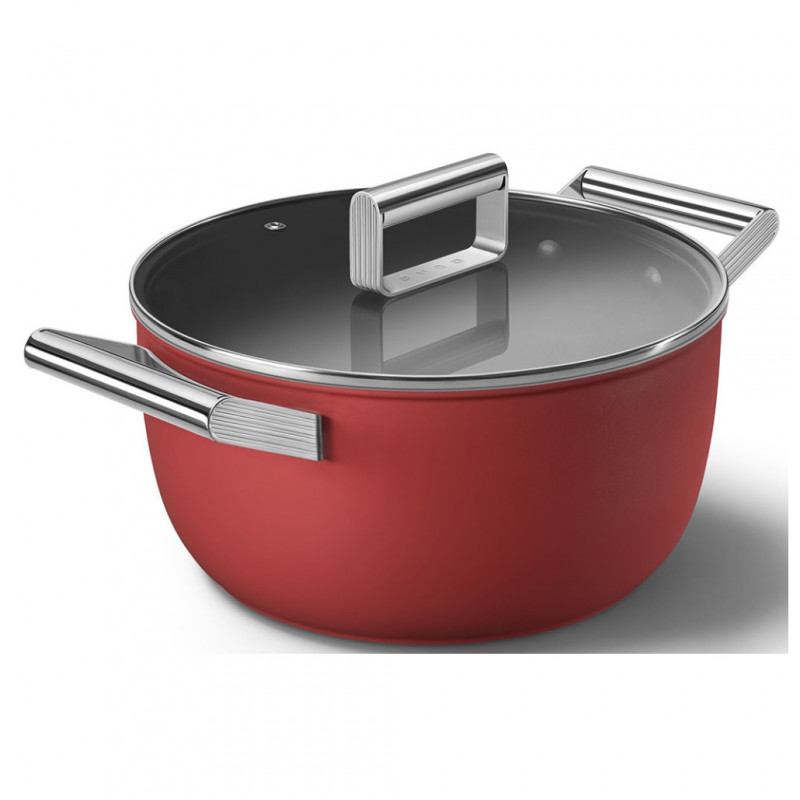 Oală SMEG CKFC2411RDM, 4,8 l, Ø24 cm, acoperire cu teflon, până la 250 °C, pentru plite cu inducție, roșie