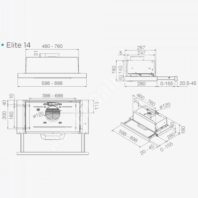 Hota de bucătărie încastrabilă Elica Elite 14 Lux WH 60, 121 W, 60 cm, clasa D, 304 m³/h, iluminare LED, alb