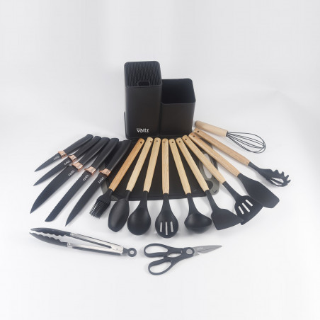Set ustensile 19 piese Oliver Voltz OV51612BB, Cutite, Silicon, Organizator, Foarfeca, Negru