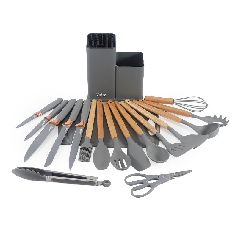 Set de bucătărie 19 piese Oliver Voltz OV51612BG, cuțite, ustensile din silicon, organizator, tăietor, gri